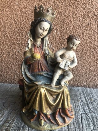 Vintage Mother Mary With Baby Jesus Carved Wood Statue Figurine