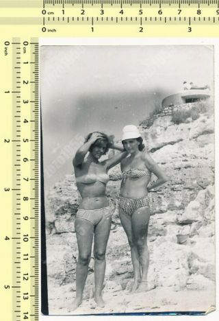 1960s Hairy Armpits Bikini Women On Beach Swimwear Ladies Vintage Photo Snapshot