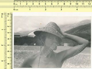 1960s Hairy Armpits Woman With Hat,  Lady At Beach Vintage Photo Snapshot