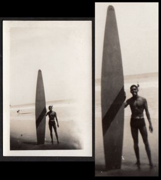 Ripped Bronze Beach Man & Long Board Surfboard 1940s Vintage Photo Gay