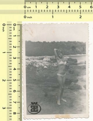029 Bikini Woman Showing Hairy Armpits On Beach,  Swimwear Lady Vintage Snapshot