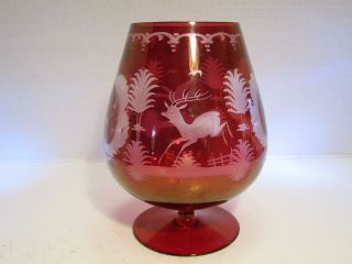 Vtg Germany Ruby Red Cut To Clear Dear & Bird Decorated Brandy Sniffer Goblet