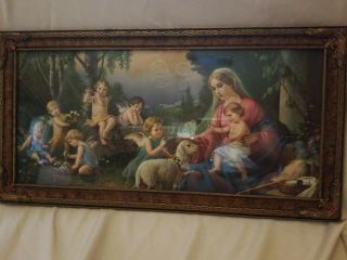Large Framed Vintage Giovanni Print Mary With 7 Angelic Children