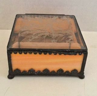 Vintage Handmade Stained & Etched Glass Jewelry Trinket Box W/ Hinged Lid
