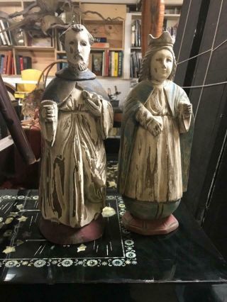 2 Old Hand Carved Wood Polychrome Santos Figures Religious Primitive Saints Pair