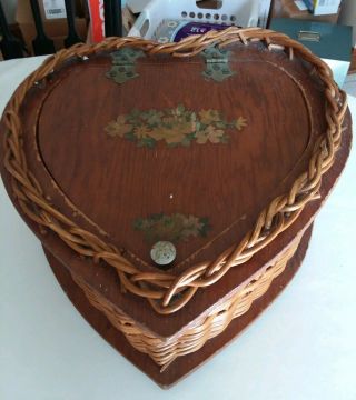 Vintage Wood & Wicker Heart Shaped Basket With Lid & Painted Florals
