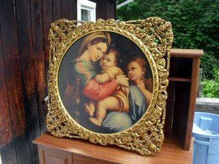 Raphael Madonna Of The Chair Gold Round Frame Picture Art 35 " - 27 " Picture