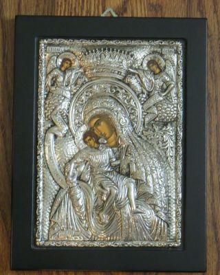 Mary W Jesus Child & Angels In Sterling Silver Icon Greek Orthodox Clarte Repose