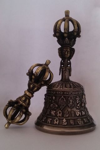 Tibetan Buddhist 9 Pronged Bronze Bell 7 " And Vajra /dorje (medium) - Nepal