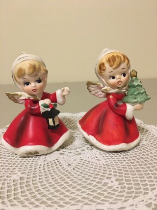 Vintage Napco Christmas Angel Pair Figurine Red Holding Tree Lantern Napcoware