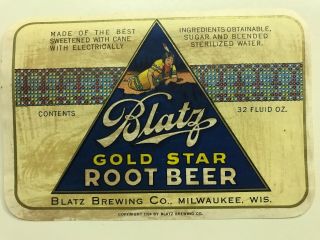 1924 Blatz Root Beer Bottle Label,  Blatz Brewing Co.  Milwaukee,  Wis.