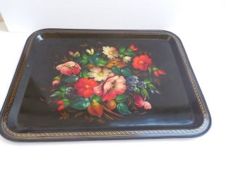 Vintage Ussr Soviet Russian Hand Painted Floral Metal Serving Tray 17 7/8 " X 14 "