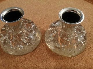 2 - Vintage Mcm Clear Lucite W/silver Foil Confetti Candle Holders 2 " H W/3 " Base