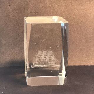 3d Crystal Glass Laser Etched Hologram Paperweight Corner Cut 3” Tall Ship Boat