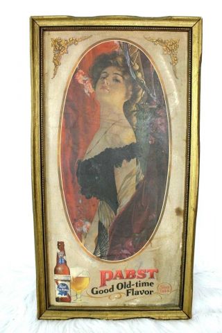 Vintage Pabst Blue Ribbon Good Old Time Flavor Lady Cardboard Sign Man Cave Bar
