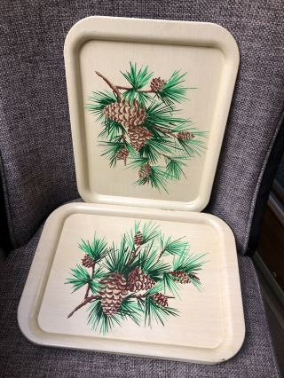 Set Of 5 Vintage Metal Trays Lap Serving Tv Bed Pine Cone Rustic Cabin Decor