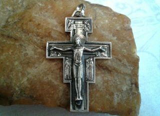 Large Sterling Silver " 925 " Catholic Crucifix San Damiano Style Franciscan Cross