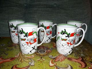 5 Vintage Fitz & Floyd Dancing Santa Reindeer Christmas Holiday Coffee Mug 1977