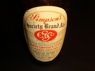 Circa 1940s Simpson’s Society Brand Ale Labeled Bottle,  Burlington,  Wisconsin