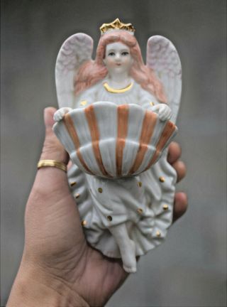 ⭐ Antique French Holy Water Font Ceramic,  Angel,  19th Century⭐