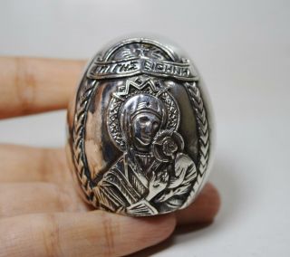 Vintage Greece Greek Christian Orthodox Virgin Mary Sterling Silver Egg Icon