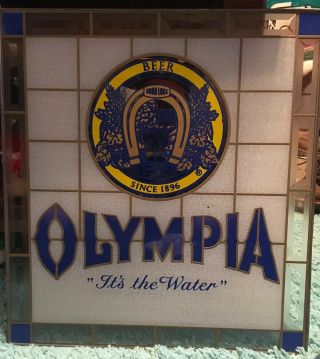 Vintage Olympia Beer Stained Glass Sign Lucky Horse Shoe Its The Water Back Bar
