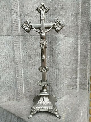 Antique Ornamental Art Nouveau Metal Altar Standing Crucifix Cross Jesus Cherub