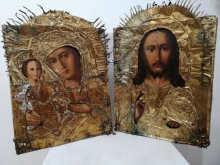 Antique 19th Russian Hand Painted Wood Icon,  Painted In Oil Wedding Couple