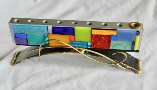 Artist Handcrafted Multi - Color Fused Glass Hanukkah Menorah - Modern Style