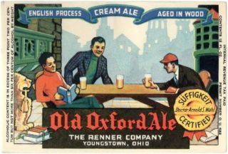 Graphic 1930s Renner Old Oxford Cream Ale Label Tavern Trove Ohio