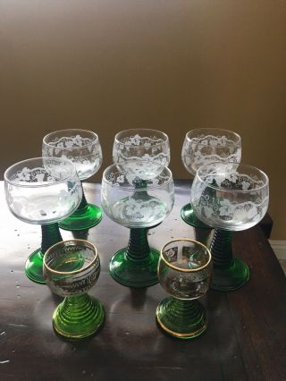 German Roemer Vintage Etched Wine Glasses Set Of 6 With 2 Bonus Schnapps Glasses