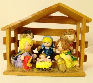 Vintage Paper Mache Nativity Creche And Stable Enesco Children Precious