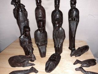 Hand Carved African Ebony Wood Nativity Scene 13 Piece Set