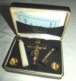 1960s Creed Sick Call Set Compact Design Gilded Brass Crucifix Holy Water Bottle