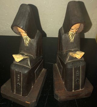 Vintage Hand Carved Monk Priest Friar Jesuit Bookends Wood Made In Mexico 8 "
