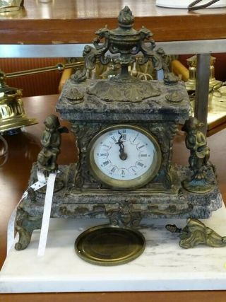 Antique Marble & Bronze Cherub Figures Mantel Clock RARE PIECE 2