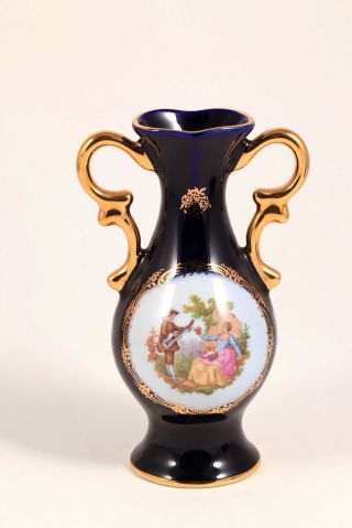 Limoges France Castel Bud Vase Cobalt Blue 22k Gold Porcelain Courting Couple