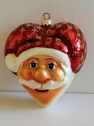 Christopher Radko Heart Shaped Santa Claus Face Blown Glass Xmas Ornament 5 "