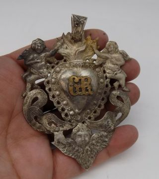 Antique Old Sacred Heart Jesus Ex Voto Miracle 3 Angels Sterling Silver 925 X - 31
