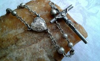 Antique Catholic Metal Rosary With Silver Marked Crucifix & Silver - Plated Beads