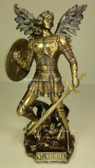 12.  5 " St Michael Archangel Sword & Shield Demon Figurine Statue Bronze Color