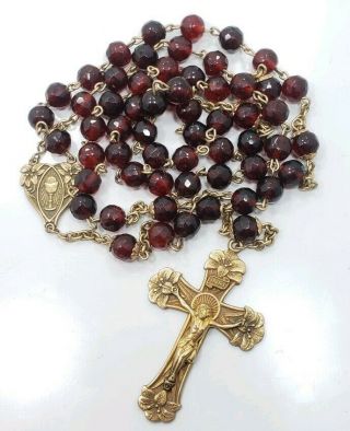 Vintage Yellow Gold Filled Flower Cross Red Glass Christian Rosary