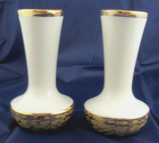 Vintage Mid Century 24kt Weeping Gold Ivory Porcelain Vases Pair Made In Usa
