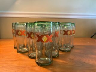 Set Of 12 Dos Equis Xx Hand Blown Mexican Beer Glass 16 Oz 6” Green Rim
