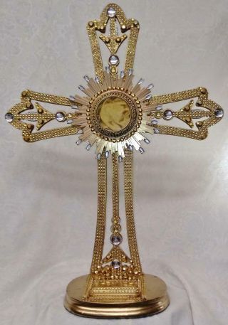 Large Gold Mixed Material Cross Reliquary - Gold Brocade - Clear & Gold Gems -