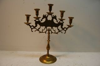 Brass 5 Branch " Light The Sabbath Light " Candlestick,  Hebrew Palm,  Jewish,  2