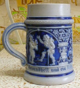 Vintage 1899 Cobalt Blue Salt Glazed German Beer Stein Mug - 24 Oz - 5 1/2 "