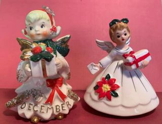 2 Vtg Hand Painted Christmas Angels Figurines Lefton And Japan