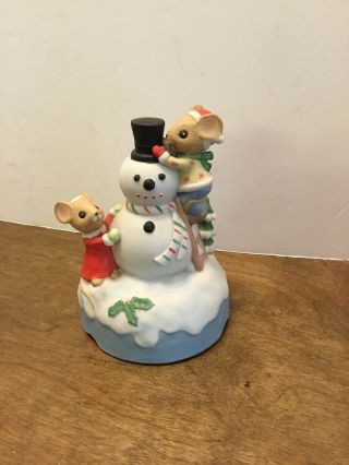 1983 Enesco Music Box Mice Snowman Tree Winter Wonderland Porcelain Christmas