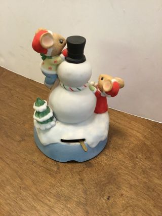 1983 ENESCO Music Box Mice Snowman Tree Winter Wonderland Porcelain Christmas 3
